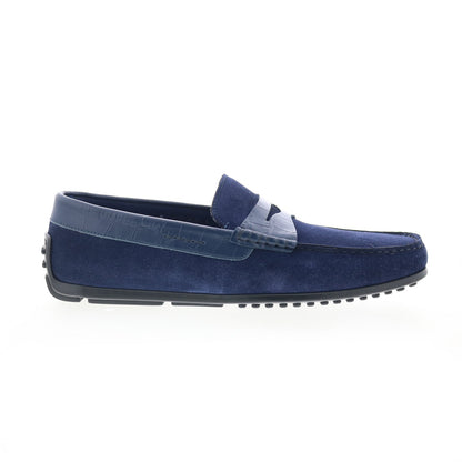 Zelli Italia Monza Calf Suede Embossed Crocodile Mens Blue Loafers Shoes