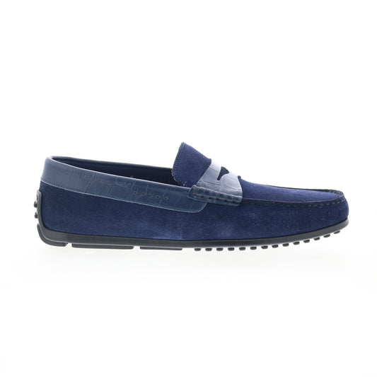 Zelli Italia Monza Calf Suede Embossed Crocodile Mens Blue Loafers Shoes