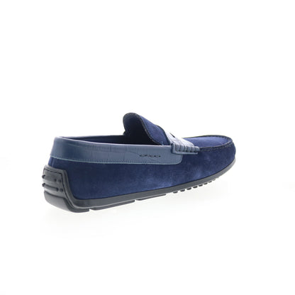 Zelli Italia Monza Calf Suede Embossed Crocodile Mens Blue Loafers Shoes